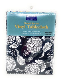 52" X 52" BLACK FLOWER PRINT FLANNEL BACKED VINYL TABLE CLOTH C/P 24