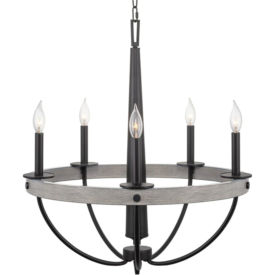 Madison 27" 5-Light Modern French Country Farmhouse Chandelier, Round Inverted Empire Design, Gray Oak Wood Style + Black Finish C/P 1