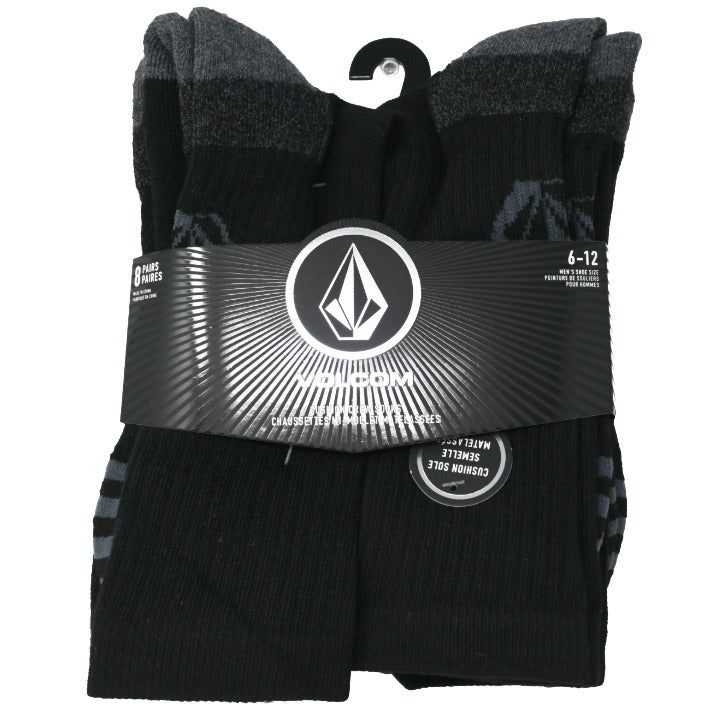 8pk Mens Blk Athl Crew Socks C/P 30 Volcom