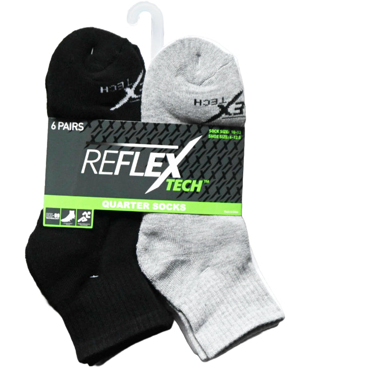 6pk MEN BLK/WHT/GRY CUSHIONED QTR SOCKS SIZE 10-13, 3-ASST COLORS C/P 36