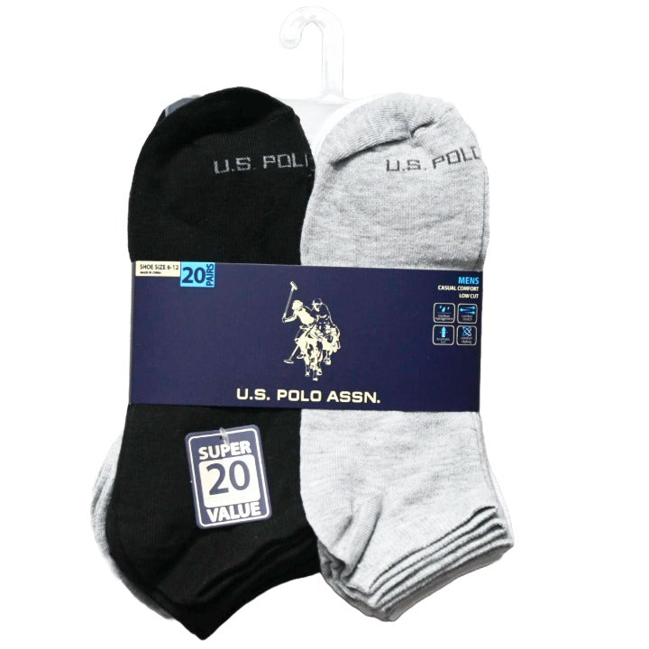 MENS 20PK LOW CUT CASUAL SOCKS SIZE 6-12 BLACK LIGHT HEATHER GRAY WHITE C/P 48 US POLO ASSN