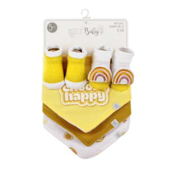 5 Piece Bib & Sock Set: Yellow "Choose Happy" with Rainbow Print C/P 60