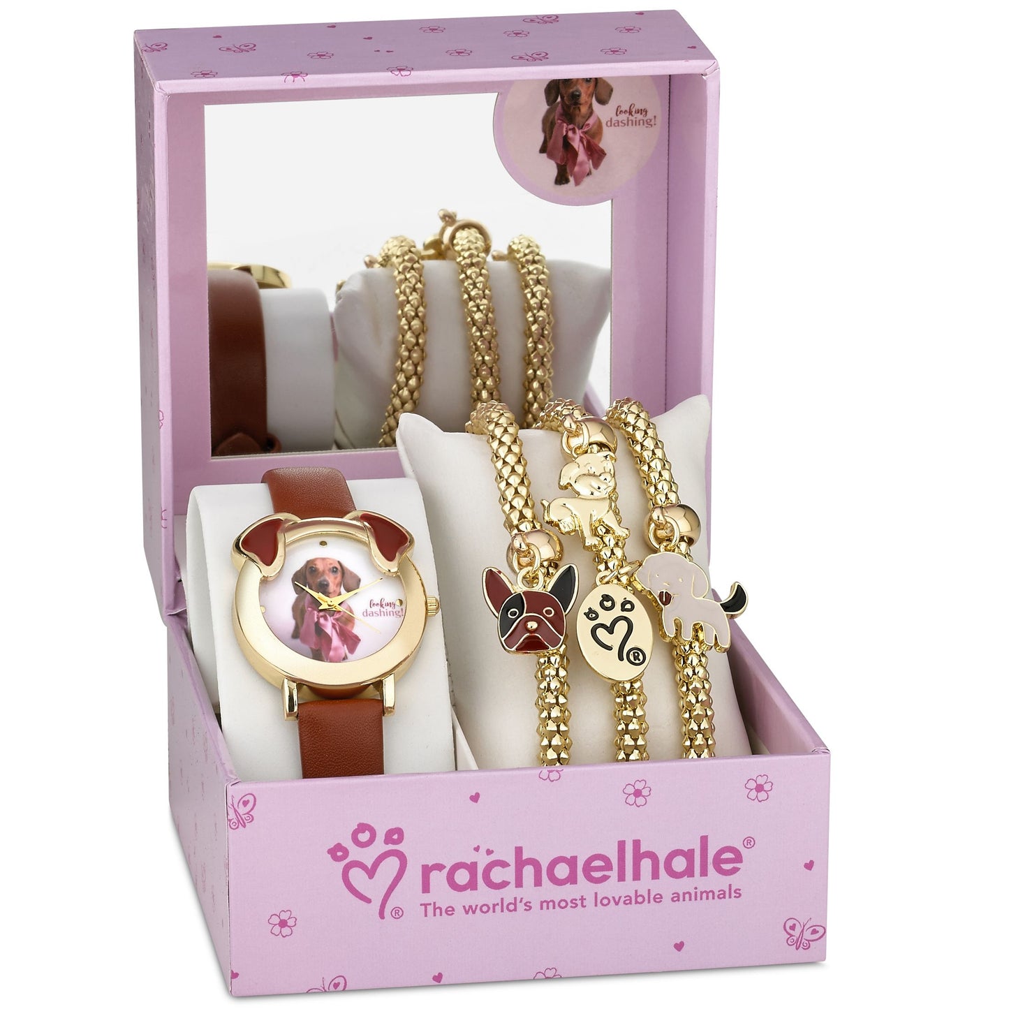8.5" ADJ. FRANKIE WATCH W/3 GOLD STRETCH DOG MOTIF CHARM BRACELETS RACHAEL HALE C/P 30