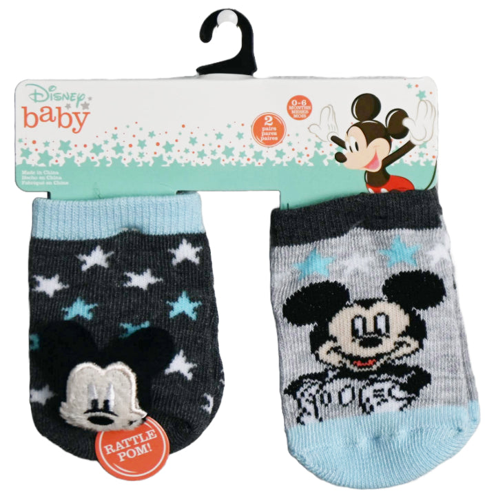 2pk 0-6m DISNEY BABY RATTLE POM MICKEY SOCKS C/P 12