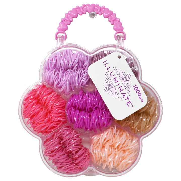 Illuminate 1000pc Pastel Hair Poly Bands (In Flower Shape Hard Case) Peg Card C/P 144