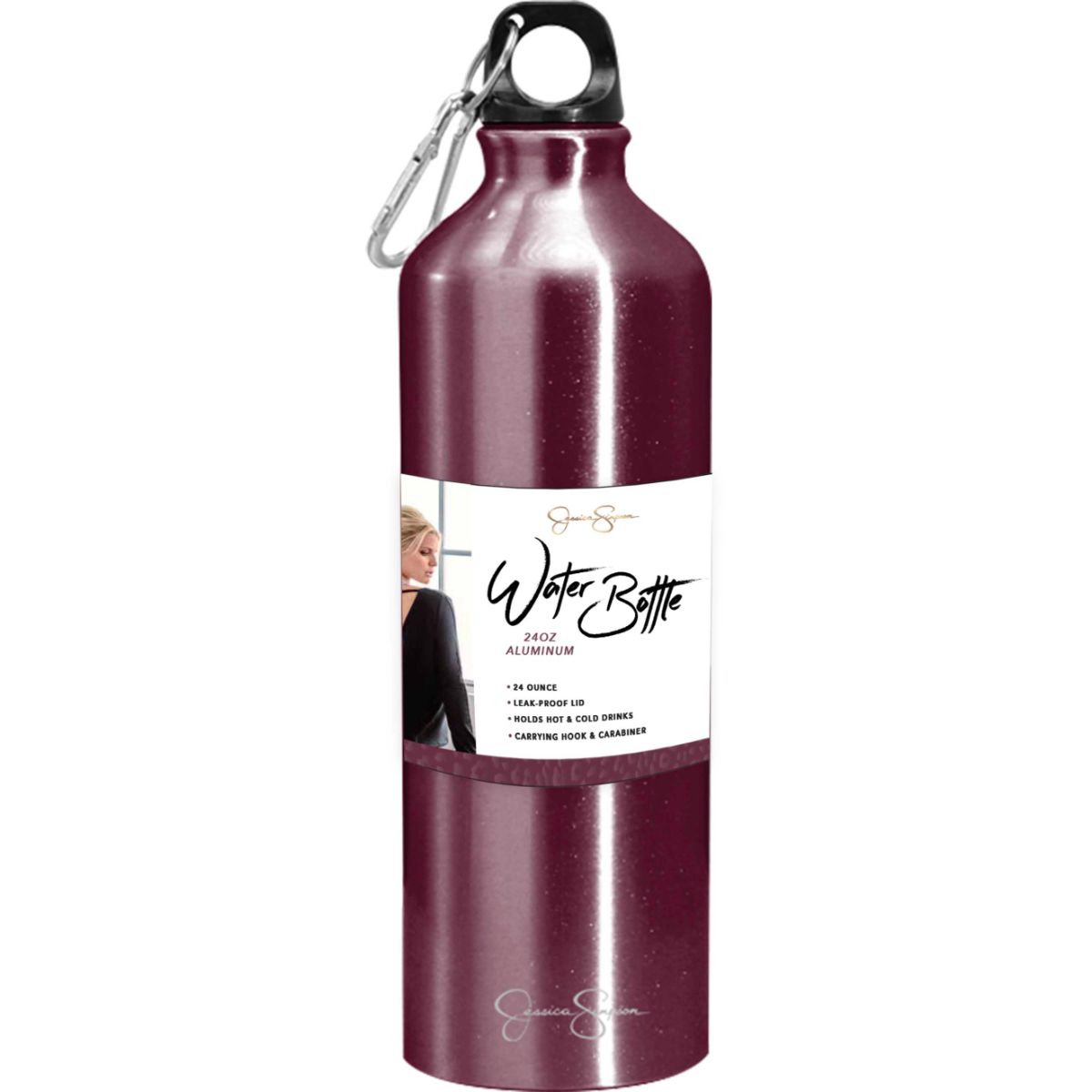 24oz JESSICA SIMPSON MAGENTA ALUMINUM WATER BOTTLE WITH CARABINER C/P 6