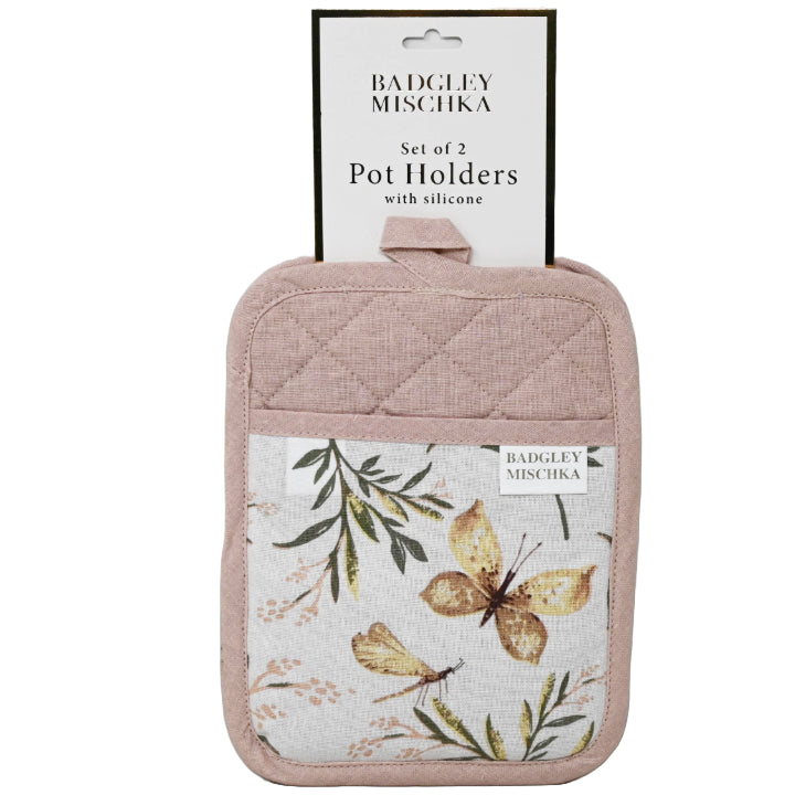 2pc Dusty Pink Silicone Grip Pot Holder wButterfly & Twigs C/P 30