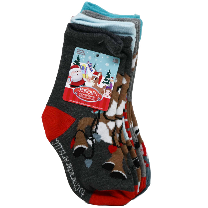 5pk RUDOLPH HOLIDAY LIGHTS CREW SOCKS SIZE 4-6 C/P 60