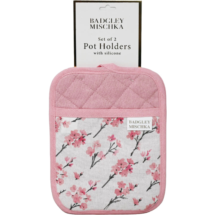 2pc Pink Silicone Grip Pot Holder Plum Blossom Print C/P 30