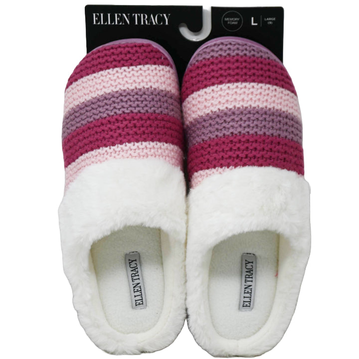 S-XL WOMEN MAUVE STRIPPED KNIT SLIPPER W/FAUX FUR COLLAR ELLEN TRACY C/P 18