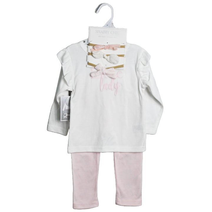 White/PK/Floral Long Sleeve Bodysuit with Shoulder Ruffle, Pants, and Bow Headband Baby Apparel Set C/P 48