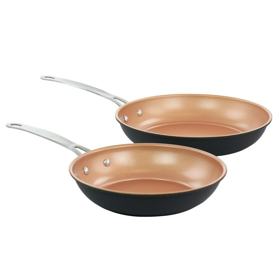 2pc 8" & 9.5" CHESTNUT FRYING PAN COPPER INTERIOR/MATTE BLK EXT. W/S.S. HANDLE NONSTICK CARBON STEEL C/P 8