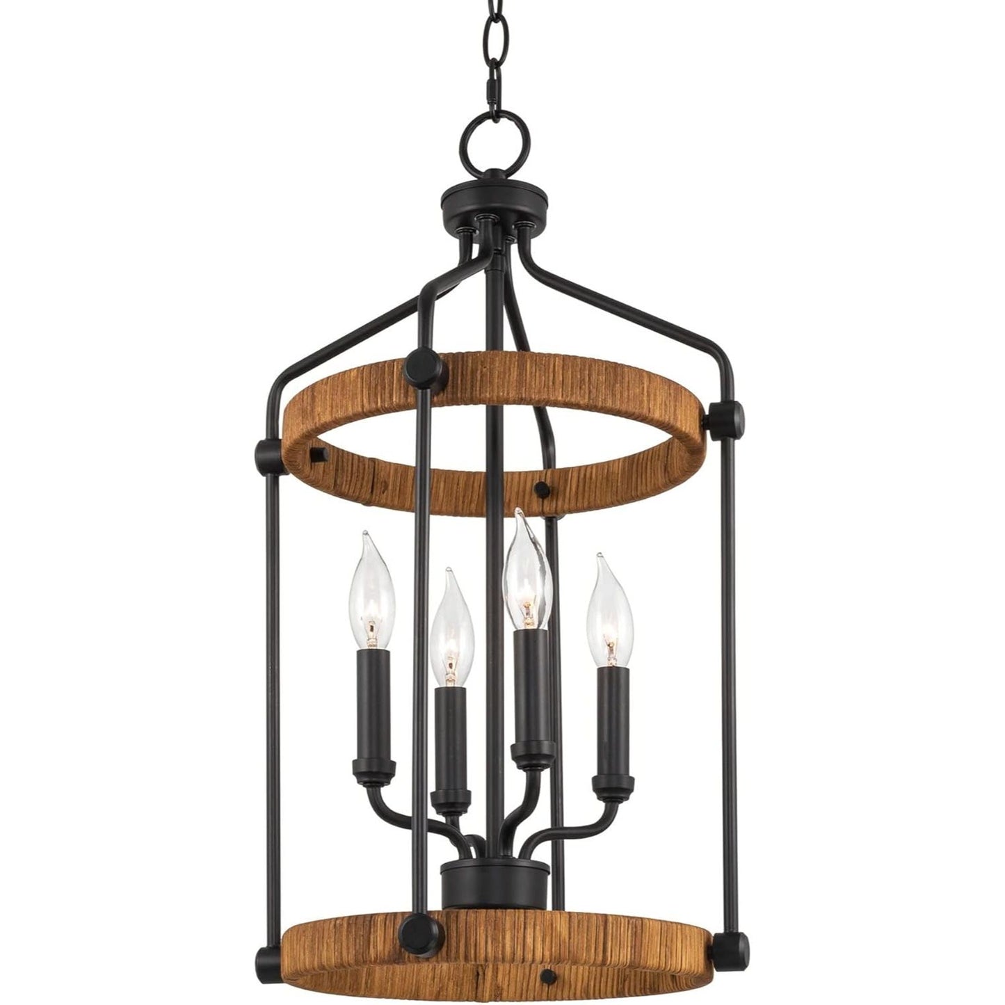 Pollack 24" 4-Light Modern Farmhouse Lantern Pendant Light, Open Design, Rattan Accents + Black Finish C/P 1
