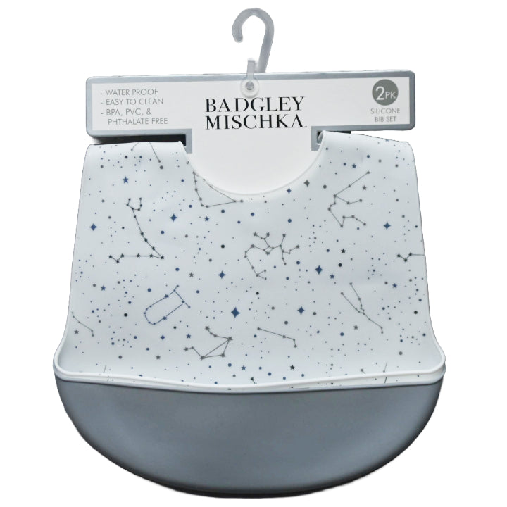 2pk White Constellation Print & Gray Silicone Bibs Badgley Mischka C/P 60