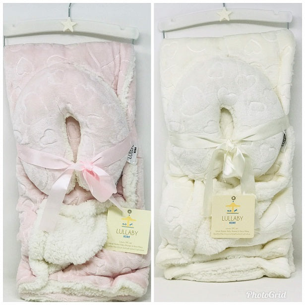PINK/IVORY BABY BLANKET W/PILLOW, BI-FOLD ON HANGER C/P 12
