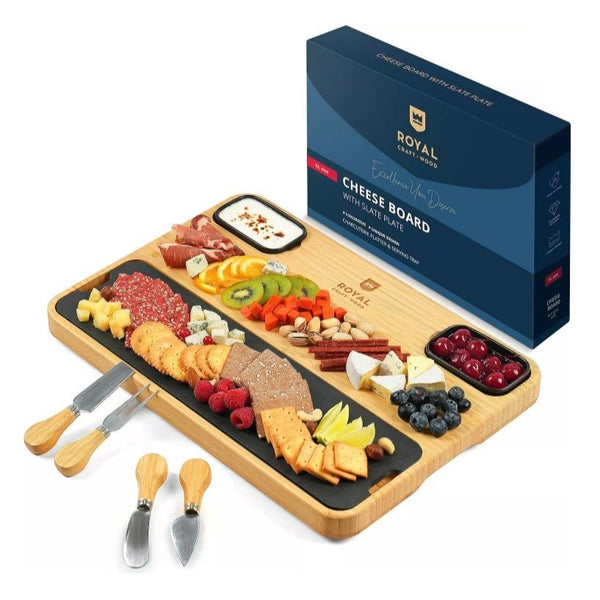 17" Bamboo Cheese Board wSlate Plate & 4pc Cutlery set - Royal Craft Wood C/P 5