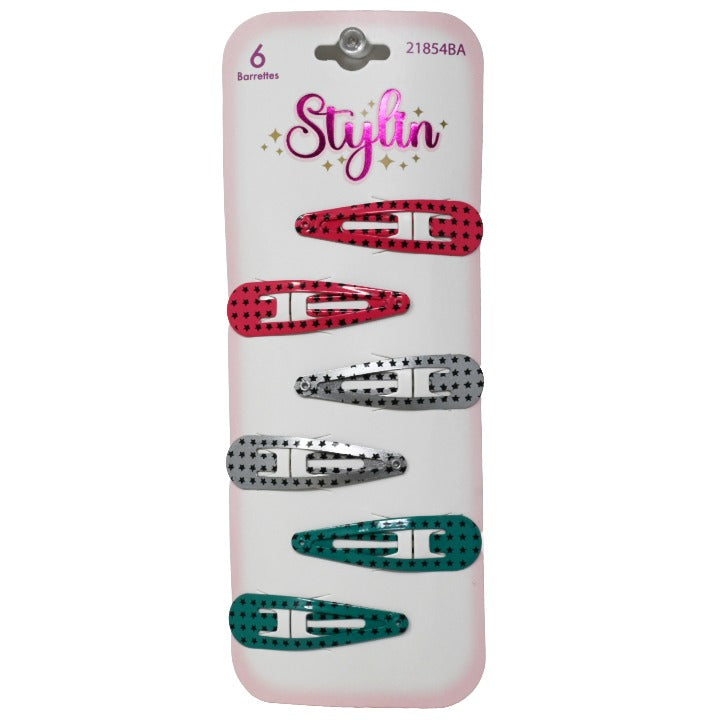 Stylin Girls 6pk Enamel Snap Hair Barrettes (Star Print and Silver Glitter) Peg Card C/P 144
