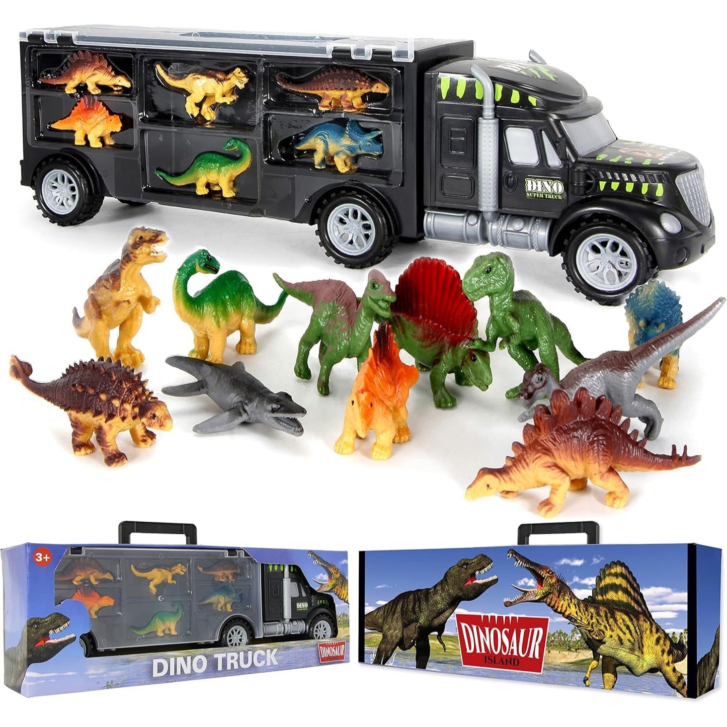 Dinosaur Truck Carrier Toy - 12 Dinosaur Figures for Boys C/P 18