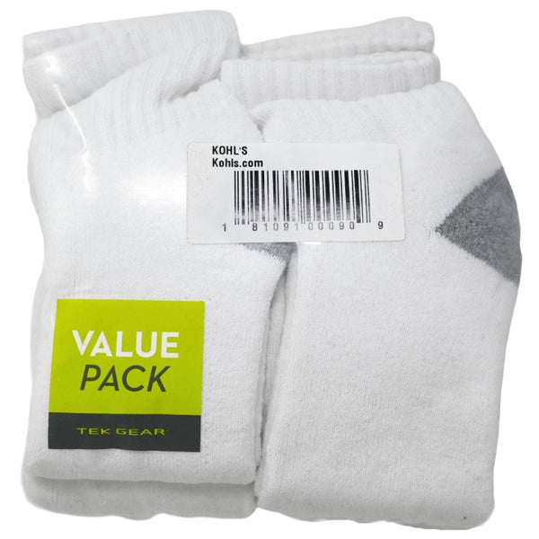 *NO USA* Mens XL WHITE WITH GREY 10pk Tek Gear Athletic Quarter Socks C/P 6