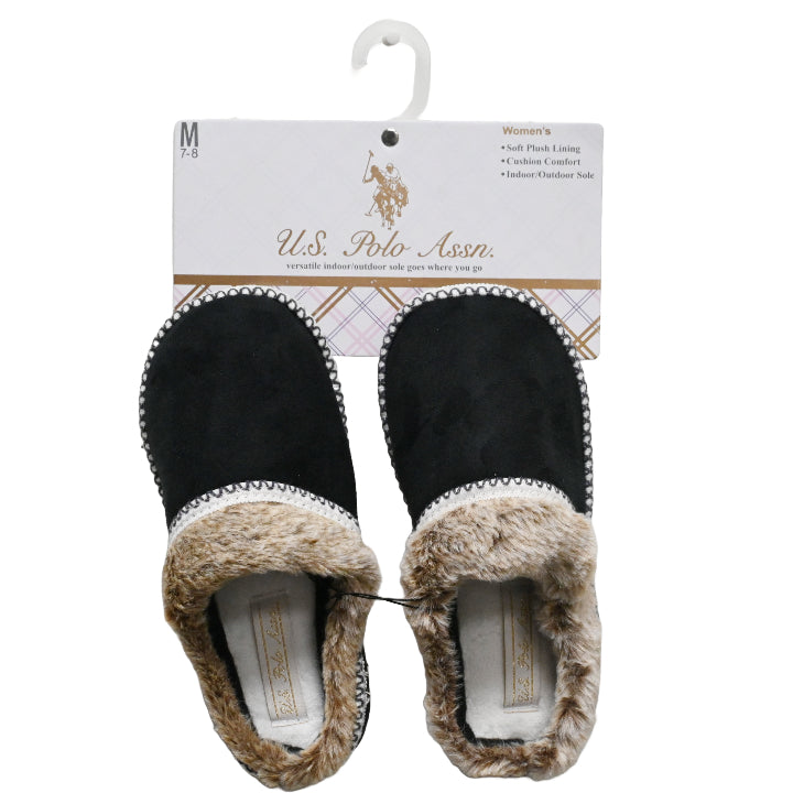 U.S. POLO ASSN. LADIES BLACK SLIPPERS WITH FUR C/P 24