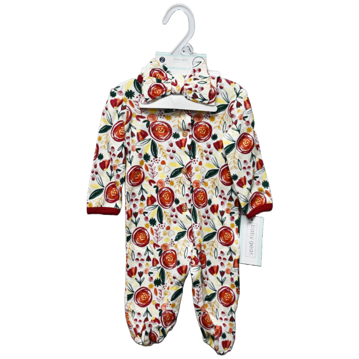 2pc FLORAL FOOTED COVERALL W/HEADBAND C/P 48