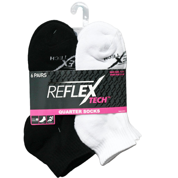 6pk LADIES WHITE/BLACK CUSHIONED QUARTER SOCKS SIZE 9-11 C/P 36