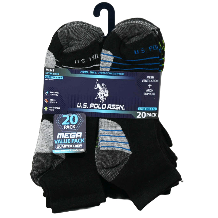 20pk MEN BLK NC QTR SOCKS U.S. POLO ASSN. ASST COLORS SIZE 6-12 C/P 48