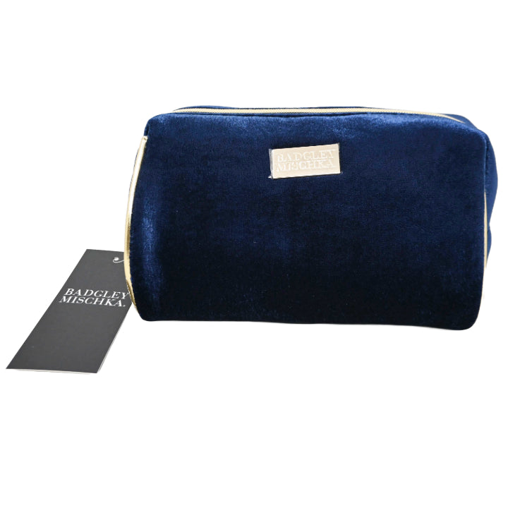 NAVY VELVET TRIANGLE WEDGE W/METALLIC GOLD PU PIPING COSMETIC BAG BADGLEY MISCHKA C/P 24