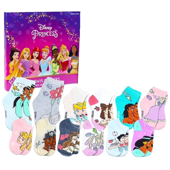 DISNEY PRINESS 12 DAYS OF SOCKS BOX SET SIZE 6-8 C/P 12