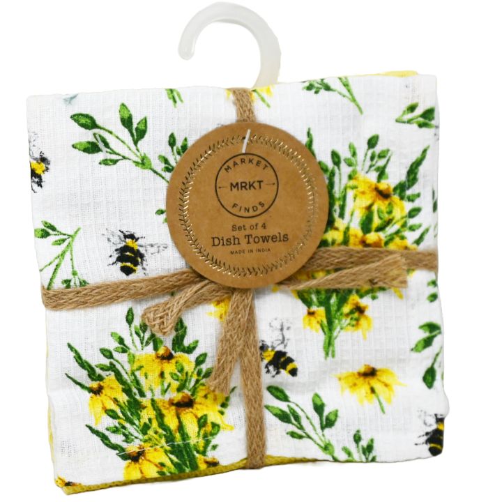 4pc Waffle Dish Cloth -2 Bee & Yellow Floral Print & 2 Solid Yellow C/P 48