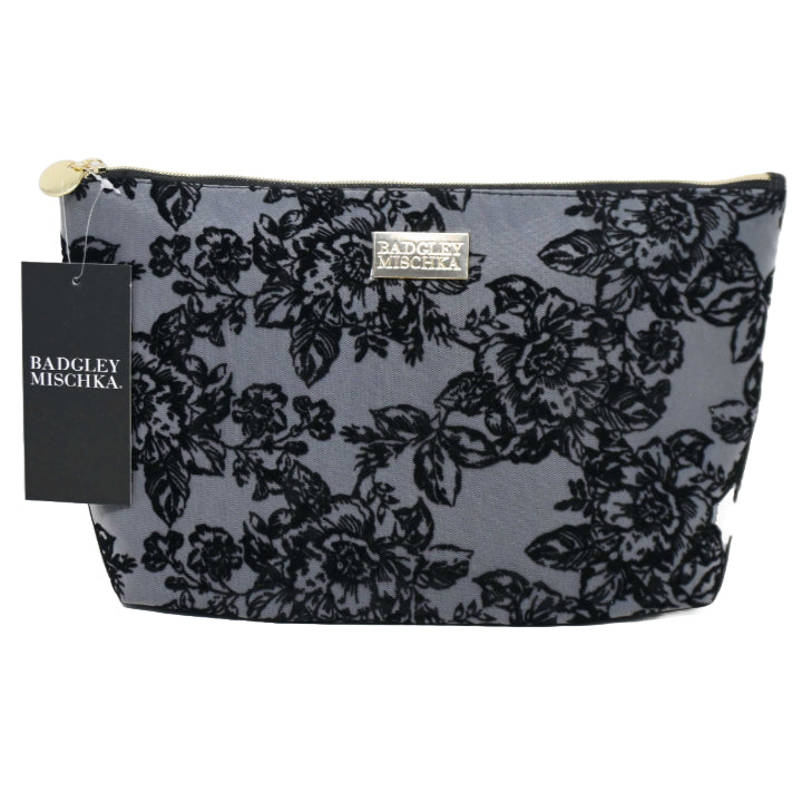 BLK/GRAY VELVET FLORAL PATTERN LACE TOP ZIP COSMETIC BAG BADGLEY MISCHKA C/P 36