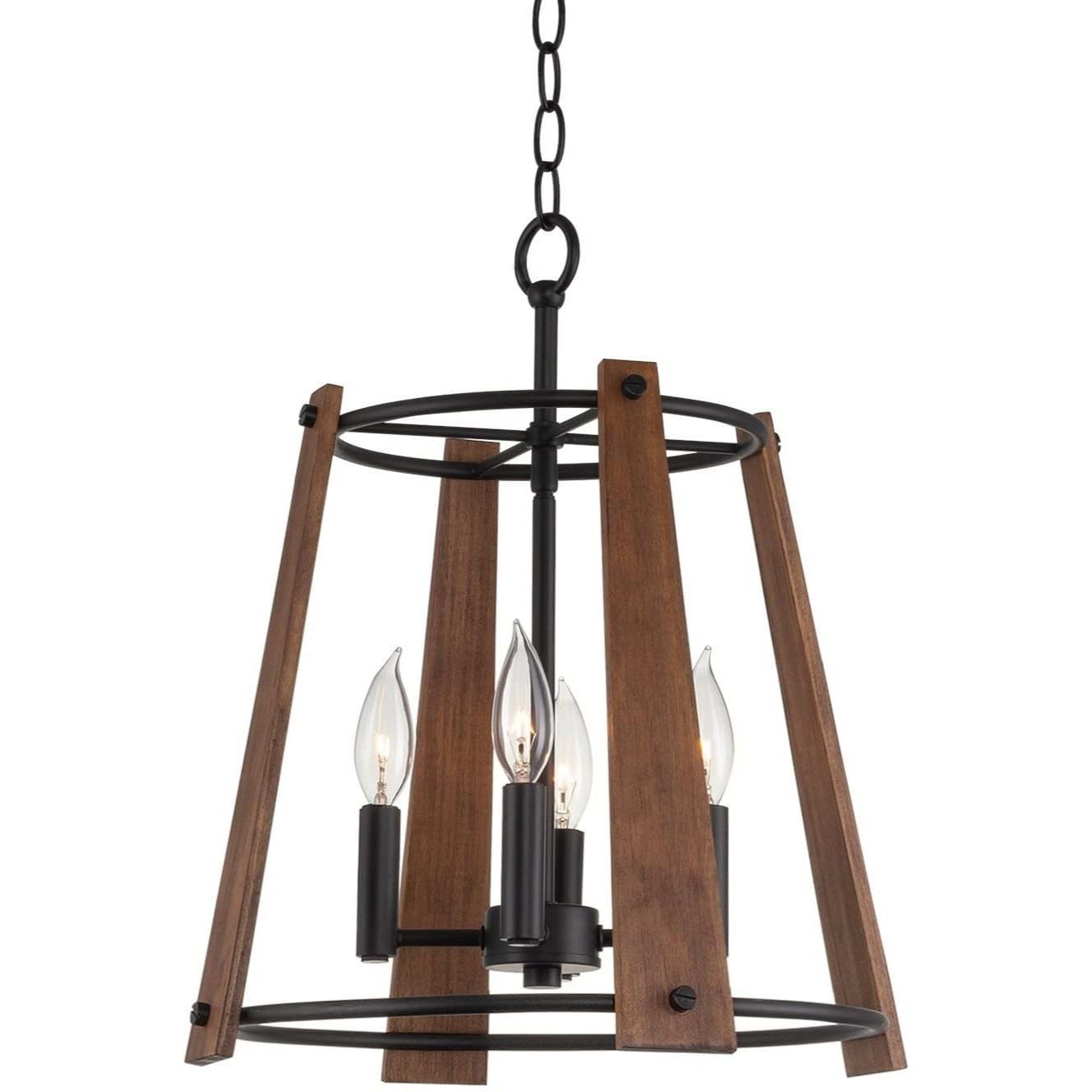 Newark 18" 4-Light Round Industrial Farmhouse Pendant Light, Adjustable Hanging Height, Fair Walnut Style Real Wood + Black Finish C/P 1