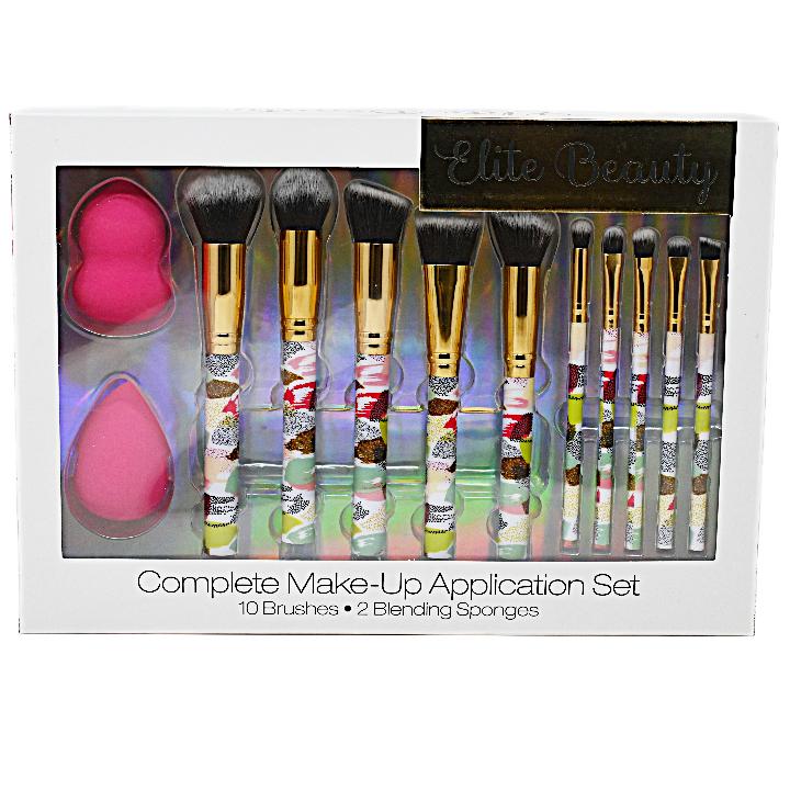 12pc MARBLE MAKEUP BRUSH SET W/2 MAKEUP SPONGES C/P 24