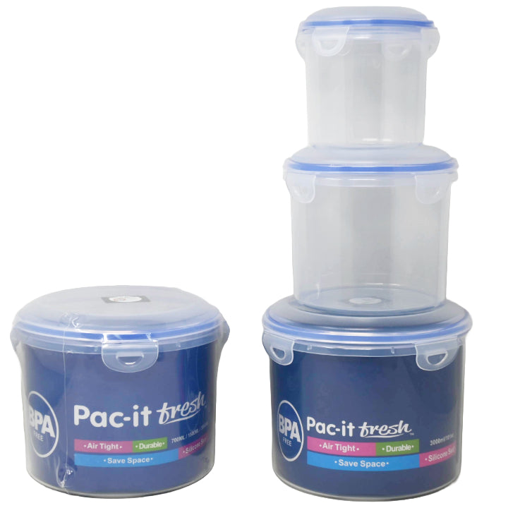 3pc RND. PLASTIC FOOD STORAGE CONTAINER SET PAC-IT FRESH C/P 24