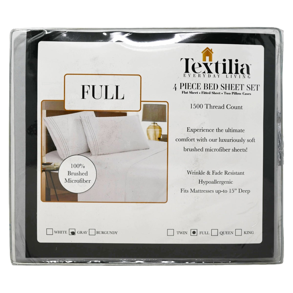 4pc Gray Full Sheet Set with Embroidered Pillow Cases (1500 Threat Count 100% Brushed Microfiber) C/P 12 Textilia Everyday Living