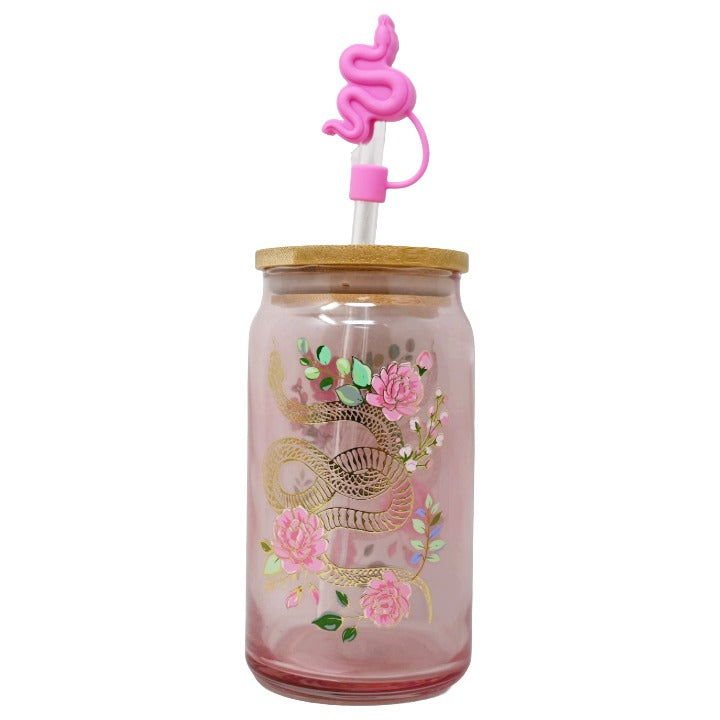 Luster Glass w/Sipper Straw Lid Gold Snake Flower C/P 24