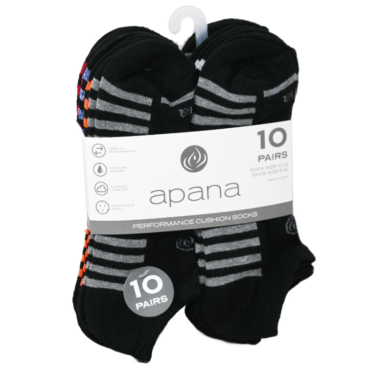 10pk MENS APANA BLK HALF CUSHION SPORT NS SOCKS SIZE 10-13 C/P 36