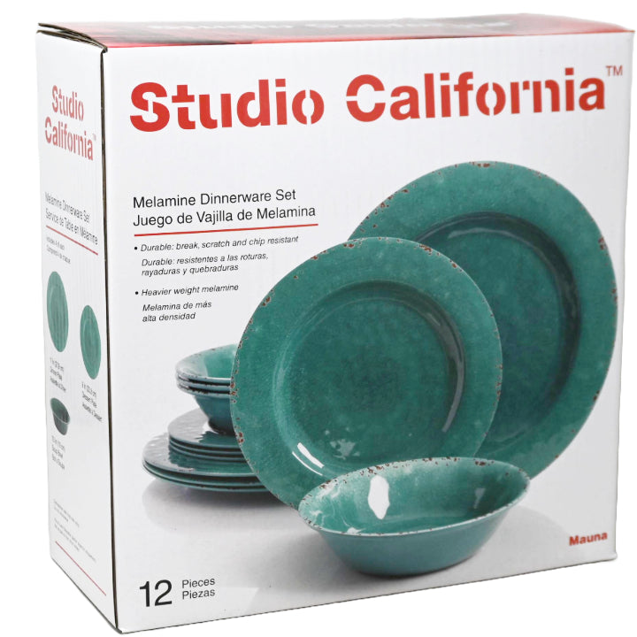 12pc LG MAUNA GREEN CRACKLE LOOK DECAL MELAMINE DINNERWARE SET C/P 1