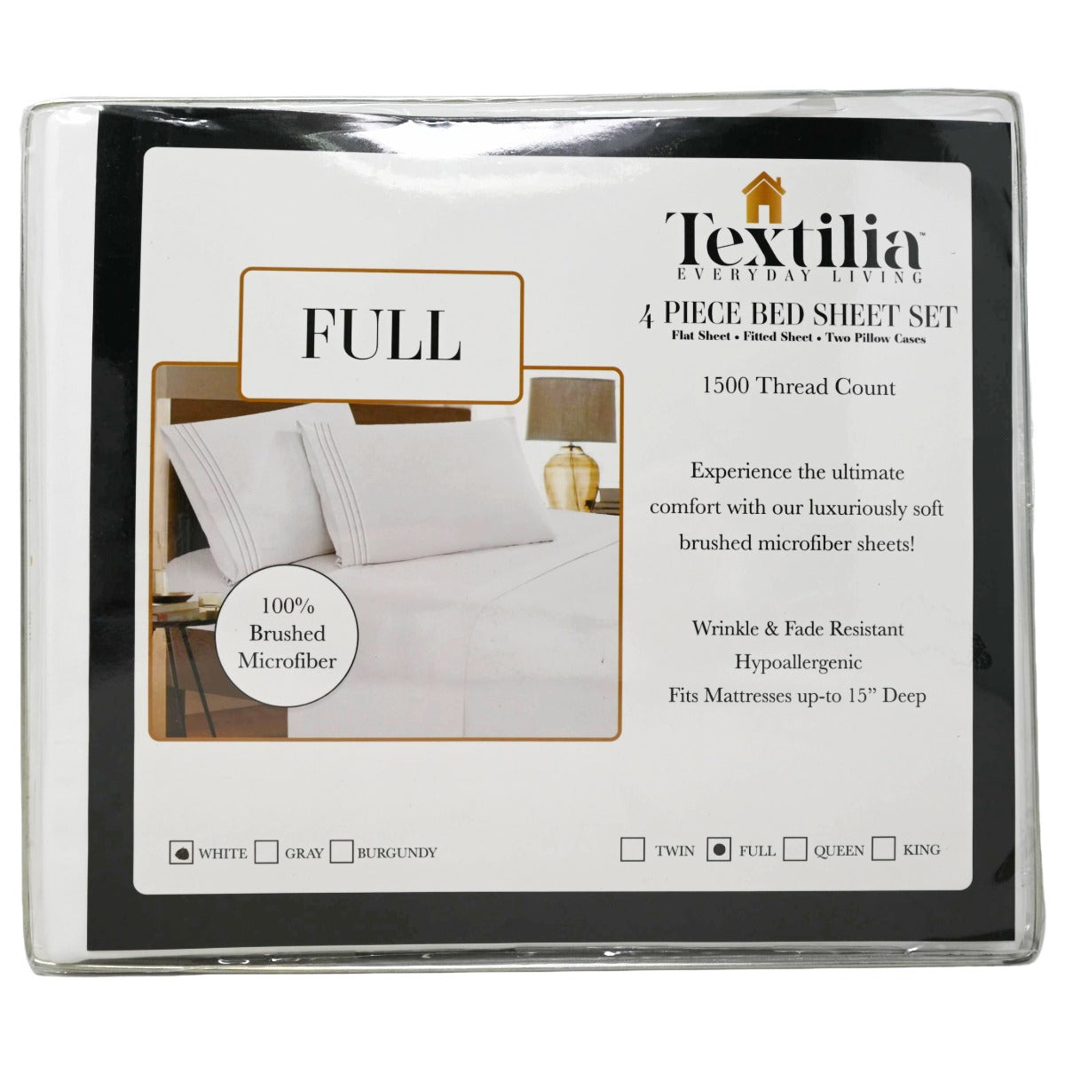 4pc White Full Sheet Set with Embroidered Pillow Cases (1500 Threat Count 100% Brushed Microfiber) C/P 12 Textilia Everyday Living