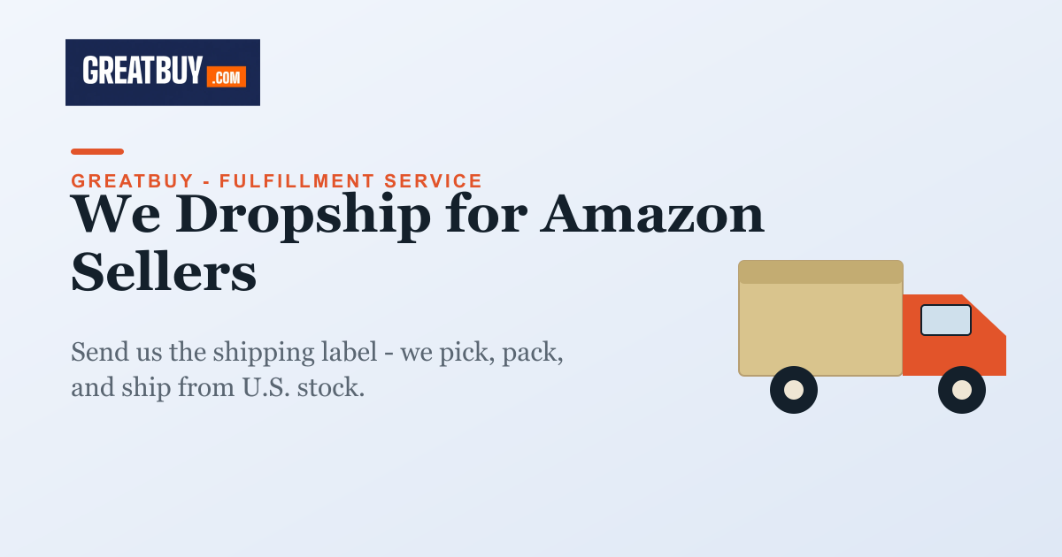 Delivery truck illustration for a GreatBuy guide on dropshipping Amazon orders by sending a shipping label