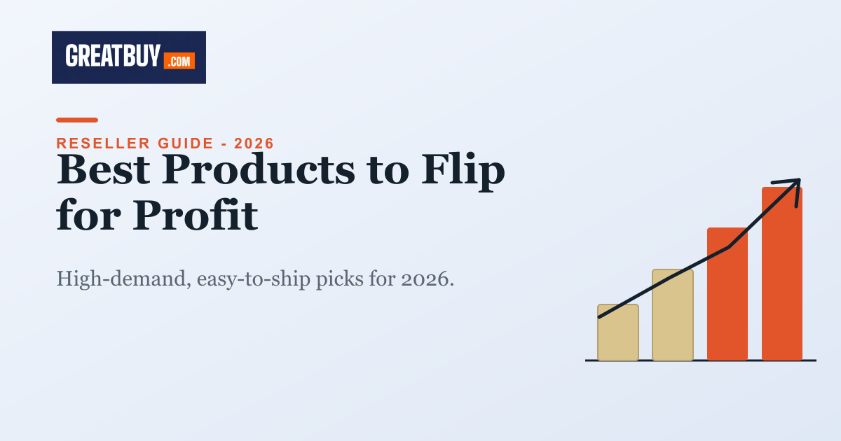 Light banner with a growth chart, titled Best Products to Flip for Profit, a GREATBUY.COM guide
