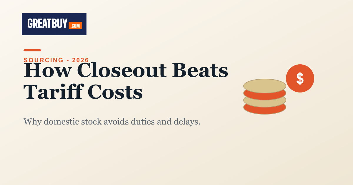 Light banner with stacked coins, titled How Closeout Inventory Beats Tariff Costs, a GREATBUY.COM guide
