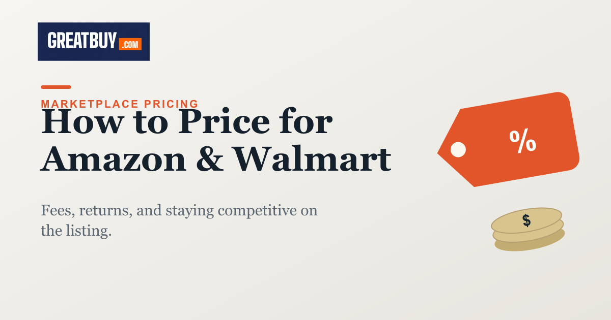 Light banner with a price tag and coins, titled How to Price Products for Amazon and Walmart, a GREATBUY.COM guide