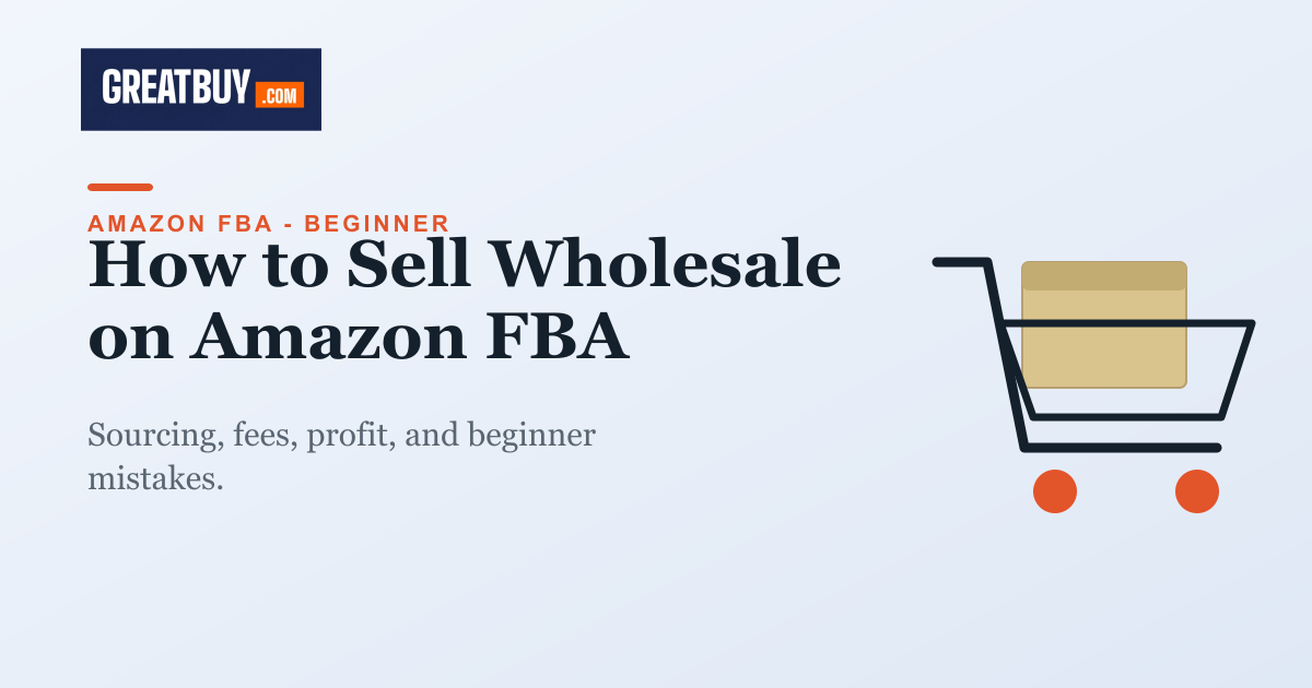 Light banner with a shopping cart, titled How to Sell Wholesale on Amazon FBA, a GREATBUY.COM guide