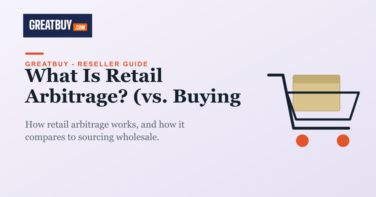Shopping cart illustration for a GreatBuy guide on retail arbitrage vs wholesale