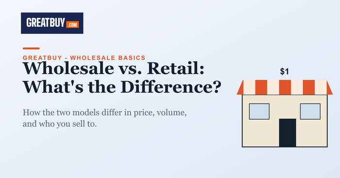 Storefront illustration for a GreatBuy guide comparing wholesale and retail