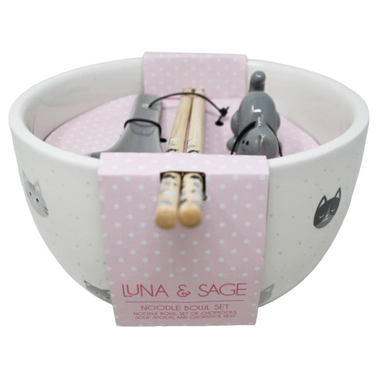 WHITE CERAMIC NOODLE BOWL W/EMBOSS CAT GREY SPOON CHOPSTICKS, PRINTING & SPOON REST LUNA & SAGE C/P 12