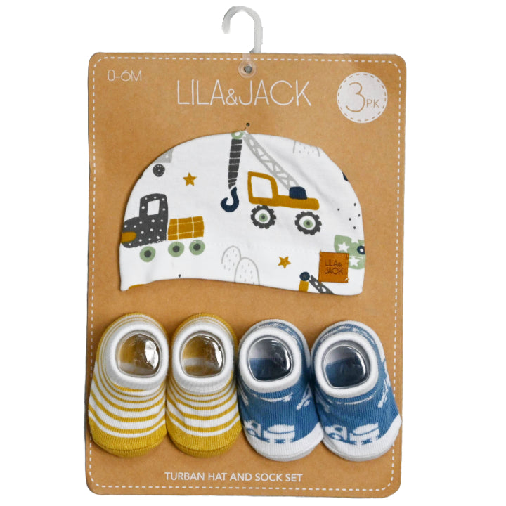 3 Piece Trucks/Stripes Printed Set: 1 Round Hat and 2 Pairs of Socks C/P 60