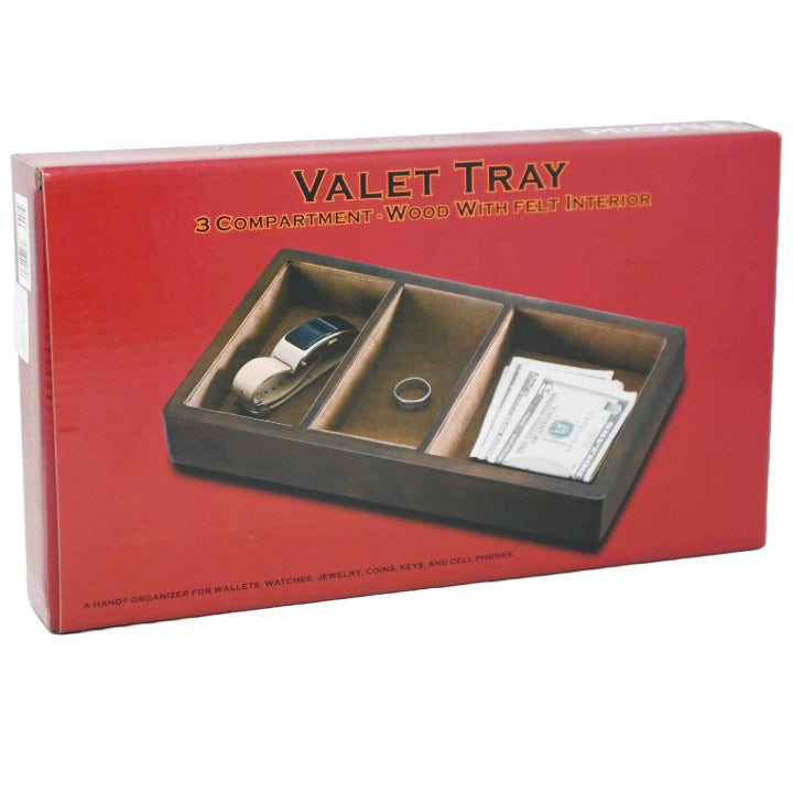 3-COMP BROWN WOODEN VALET TRAY ORGANIZER C/P 24