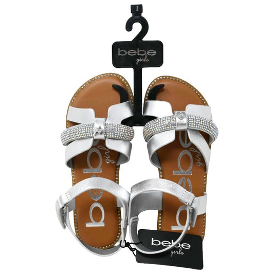 GIRLS SILVER FLAT SANDAL wAB TUBULAR RHINESTONE RUNNING YARDAGE & HEART RIVET BEBE 7-ASST SIZE C/P 18